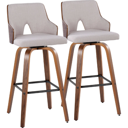 Stella 30" Swivel Bar Stool in Walnut Wood, Beige Fabric & Black Footrest (Set of 2)